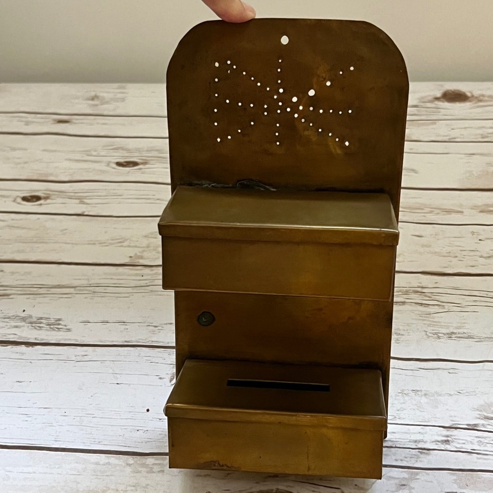 Brass Salt Box Match Holder Gold Punched Star Wall Mount 10.75in